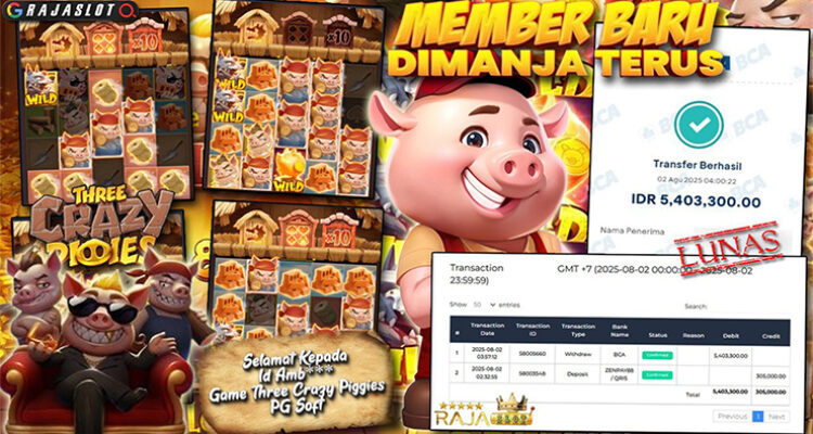 Pemain Amb*** menang Rp5,4 juta di slot Three Crazy Piggies di Rajaslot