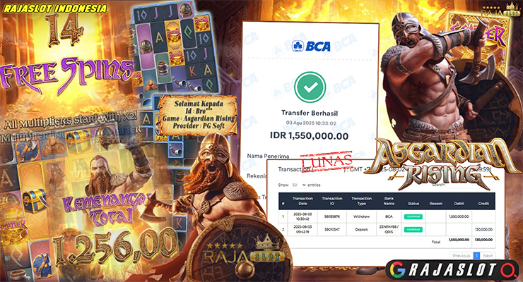 Pemain Bre*** menang Rp1,55 juta di slot Asgardian Rising di Rajaslot