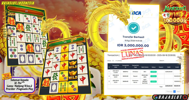 bukti kemenangan Mahjong Wins 2 di Rajaslot — 10x Free Spins Rp2.981.300 (ID Pev***, 18-08-2025)