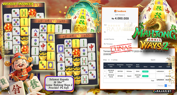menang Mahjong Ways 2 10x Free Spins — Rajaslot Rp3.950.000 (ID Sho***, 22-08-2025)