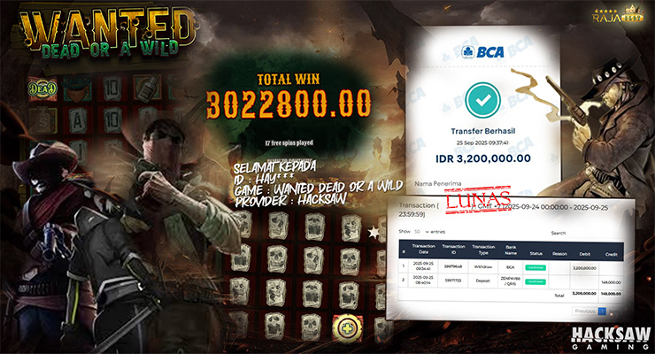 Pemain Hay*** menang slot Wanted Dead or A Wild 25 September 2025 di Rajaslot