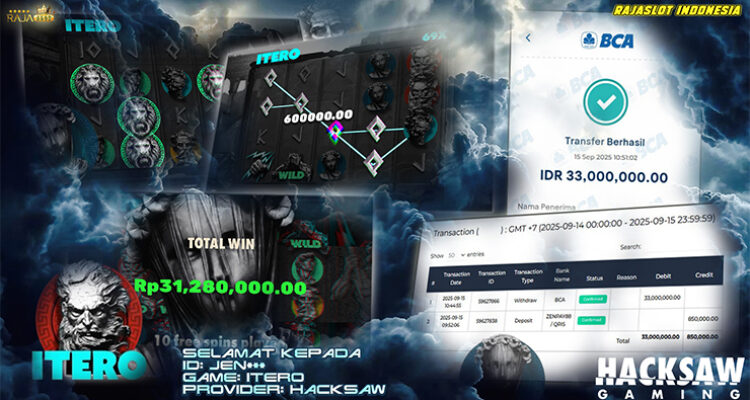 Pemain Jen*** menang Rp33 juta dari slot Itero di Rajaslot