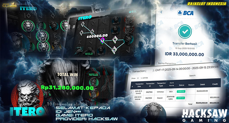 Pemain Jen*** menang Rp33 juta dari slot Itero di Rajaslot