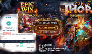 Bukti kemenangan Power of Thor Megaways – saldo WD Rp1,486 juta di Rajaslot