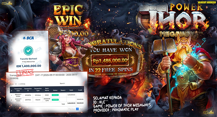 Bukti kemenangan Power of Thor Megaways – saldo WD Rp1,486 juta di Rajaslot