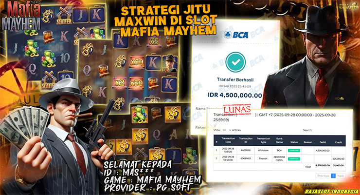 Pemain Ten*** menang Rp4,5 juta di Mafia Mayhem Rajaslot pada 28 September 2025