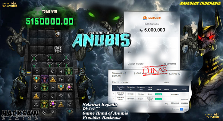 Menang Slot Hand of Anubis 10 September 2025 di Rajaslot