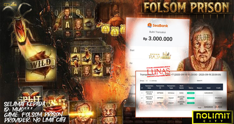 Pemain Yan*** menang Rp3 juta lewat 10 Free Spins Folsom Prison di Rajaslot
