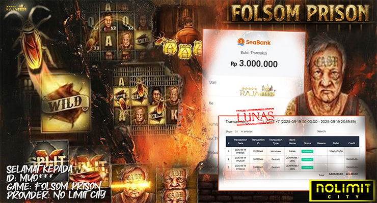 Pemain Yan*** menang Rp3 juta lewat 10 Free Spins Folsom Prison di Rajaslot