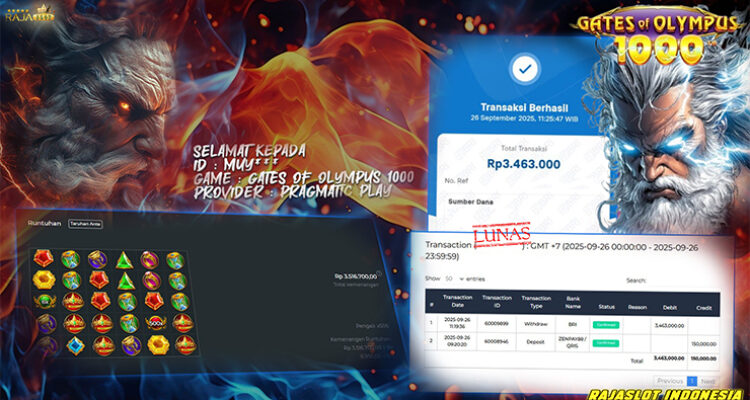 Pemain Muy*** menang slot Gates of Olympus 1000 26 September 2025 di Rajaslot