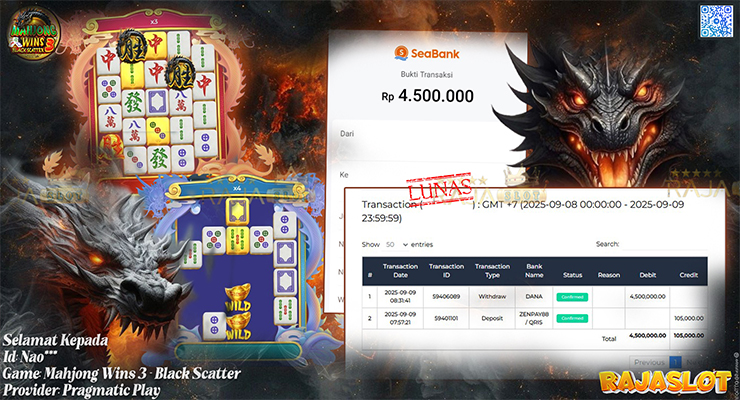 Pemain Nao*** menang Rp4,5 juta di slot Mahjong Wins 3 - Black Scatter di Rajaslot