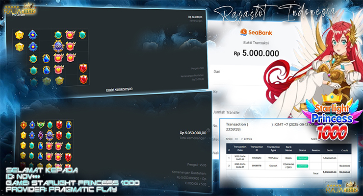 Pemain Nov*** menang Rp5 juta di slot Starlight Princess 1000 Rajaslot
