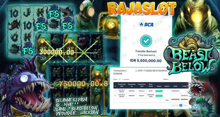 Pemain Nya*** menang Rp5,5 juta di slot Beast Below Hacksaw Gaming di Rajaslot