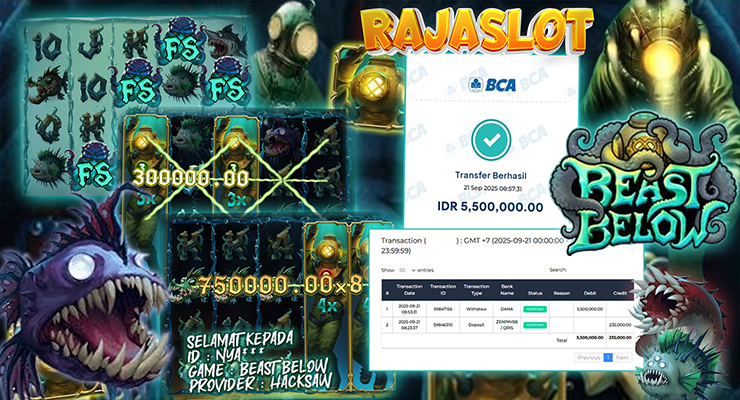 Pemain Nya*** menang Rp5,5 juta di slot Beast Below Hacksaw Gaming di Rajaslot