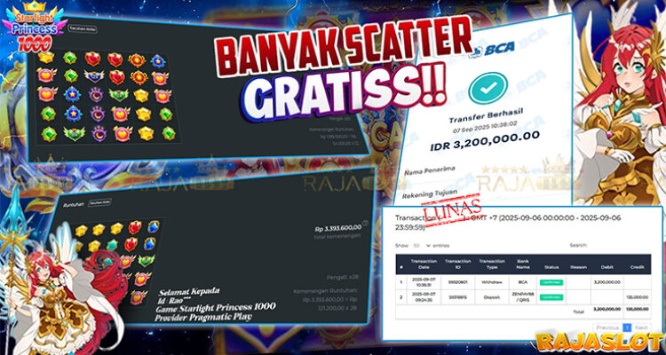Pemain Rao*** menang Rp3,2 juta di slot Starlight Princess 1000 Rajaslot