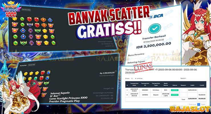 Pemain Rao*** menang Rp3,2 juta di slot Starlight Princess 1000 Rajaslot
