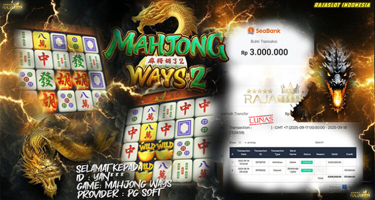 Pemain Yan*** menang Rp3 juta di slot Mahjong Ways 2 Rajaslot