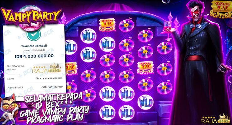 Bukti Menang Slot Vampy Party 28 Oktober 2025 di Rajaslot Pemain Bex menang Rp4 juta lewat slot Vampy Party Pragmatic Play di Rajaslot
