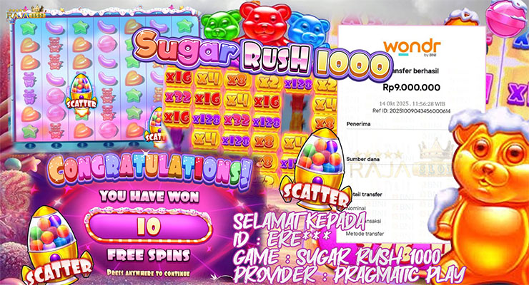 Pemain Ere*** menang Rp9 juta di slot Sugar Rush 1000 Pragmatic Play di Rajaslot