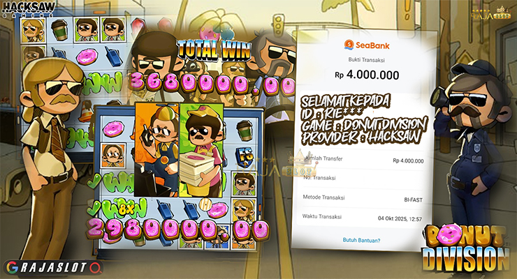 Pemain Rie*** menang Rp4.000.000 di Donut Division dengan 10x Free Spins di Rajaslot