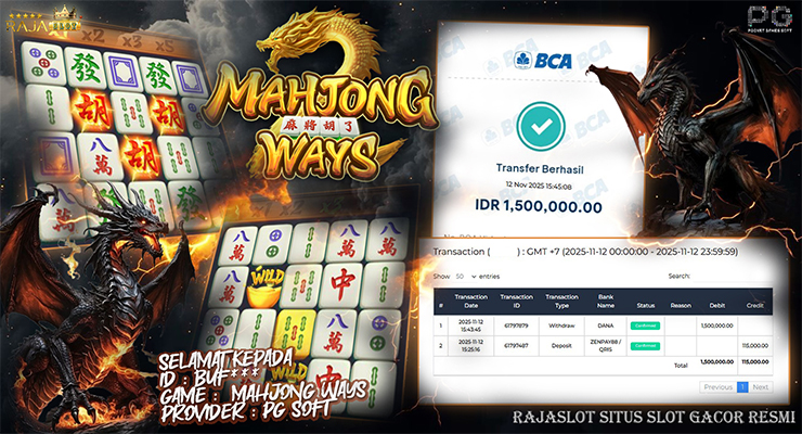 Pemain raih kemenangan Rp1,5 juta di Mahjong Ways PG Soft Rajaslot