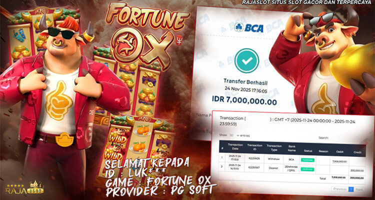 Menang Slot Fortune Ox 24 November 2025 di Rajaslot dengan Free Spins