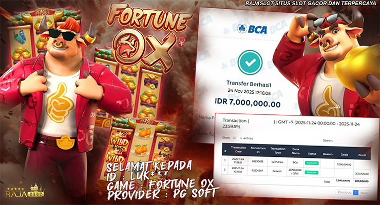 Menang Slot Fortune Ox 24 November 2025 di Rajaslot dengan Free Spins